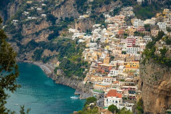 aerial view of buildings and the Amalfi coast.